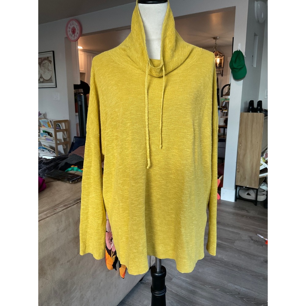 Eileen Fisher Mustard Yellow Organic Linen Cotton Funnel Neck Sweater XL Lux